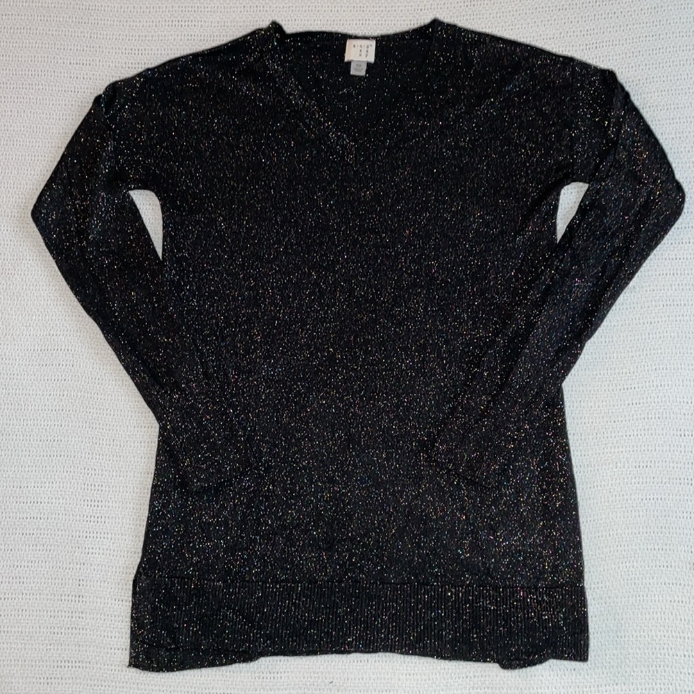 Metallic Rainbow Sparkle Black V Neck Sweater Size XS
